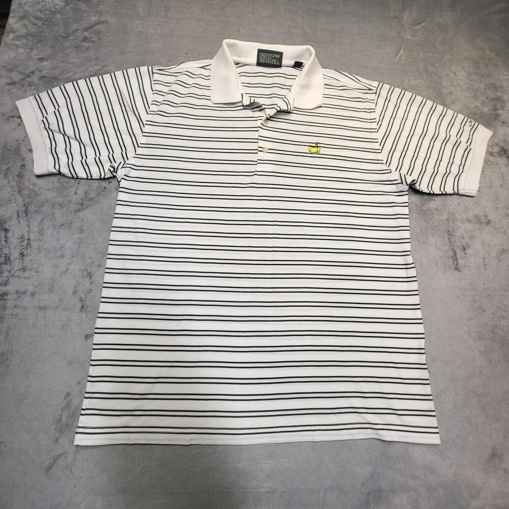 Masters Golf Polo Shirt Mens Large White Green Stripe Masters Collection Logo